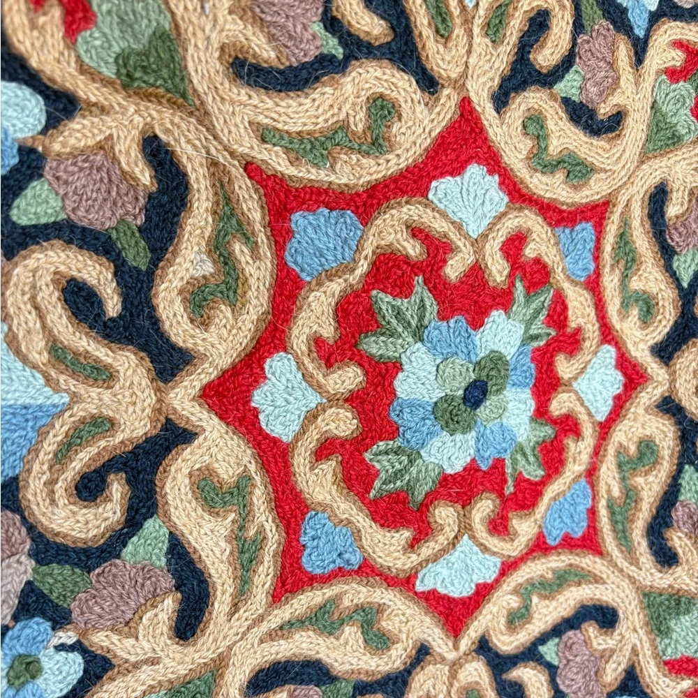 Traditional Wool Floral Embroidered Square Pillow Sham Cover 15.75”x15.75”
